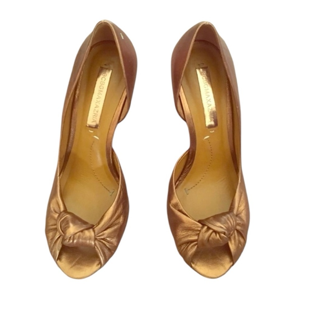 BCBG Copper leather peep toe pumps w/copper mirror stiletto heels